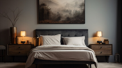 A bedroom with a bed nightstands and a painting