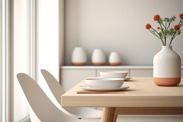 Dining table with white tableware and a vase in light tones