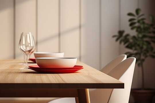 Dining table with red tableware and wine glasses in light tones