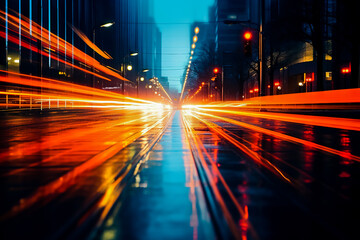 Fototapeta na wymiar Street scene with blurry traffic, glowing car light dots, minimalist abstracts. Generative AI