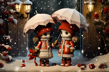 The Christmas card with snowmen holding an umbrella in the snow. Generative AI