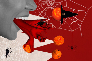 Creative collage picture of cropped black white colors enchant face mouth stick red bloody arms carved pumpkin hat spider web