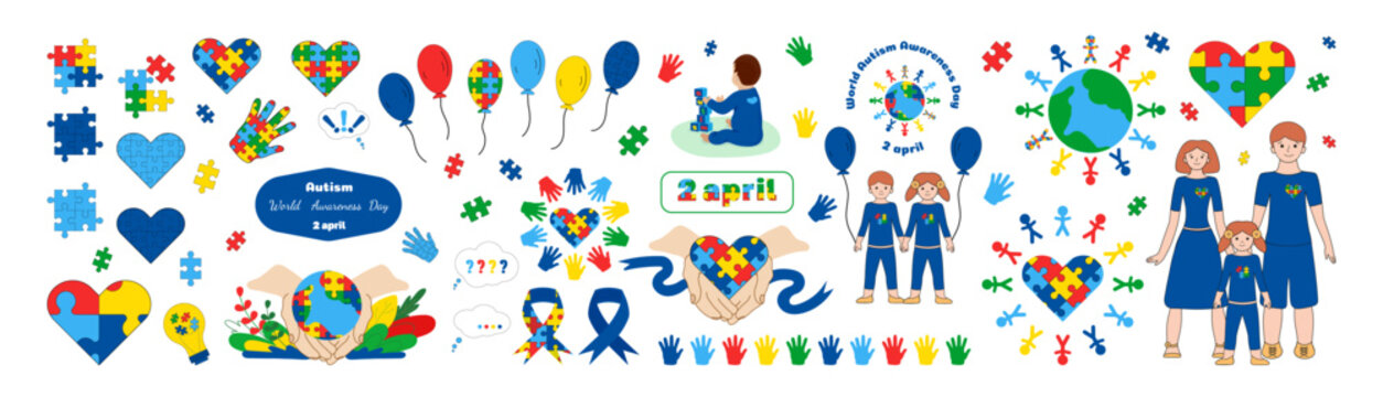 World Autism Awareness Day. Big set vector illustration. Design elements themes autism for layouts.