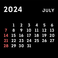 July 2024 month calendar. Vector illustration.