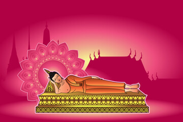 Reclining Buddha image, The attitude of Entering the Nirvana. Pink background by color of the day Tuesday Buddha.