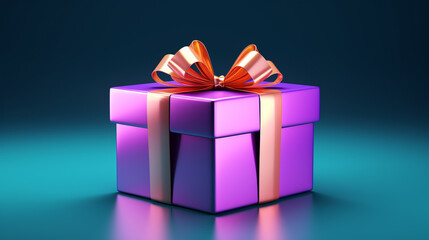 3d Holographic Gift Box on Glowing Background. Present with Bow in Neon Colours. Mock-up Poster, Christmas Birthday New Year Winning Gift Box, 3D Render.