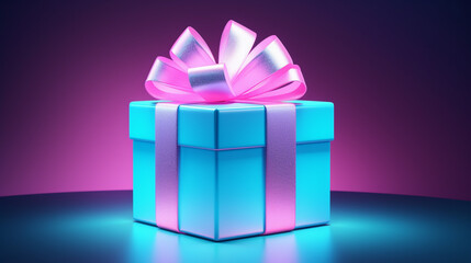 Obraz premium 3d Holographic Gift Box on Glowing Background. Present with Bow in Neon Colours. Mock-up Poster, Christmas Birthday New Year Winning Gift Box, 3D Render.