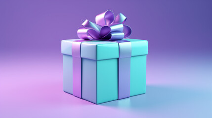 Obraz premium 3d Holographic Gift Box on Glowing Background. Present with Bow in Neon Colours. Mock-up Poster, Christmas Birthday New Year Winning Gift Box, 3D Render.