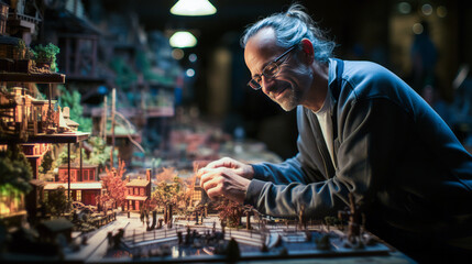 Intriguing set designer meticulously crafting a miniature stage model amidst a busy backstage ambiance.