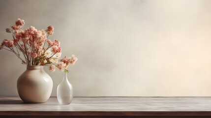 Empty marble table and vase with dry flowers on windowsill background, vase with flowers on the table, flowers in vase