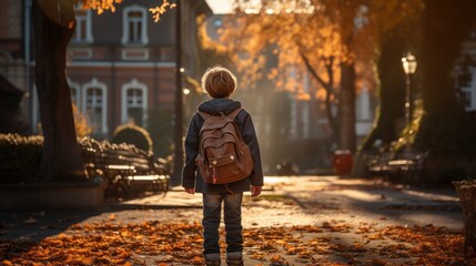The illustration features a boy walking to school. Generative Ai.