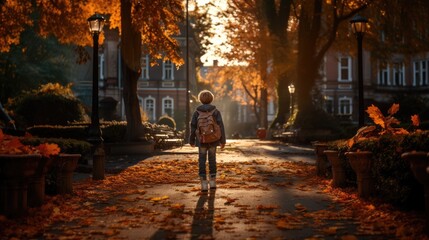 The illustration features a boy walking to school. Generative Ai.