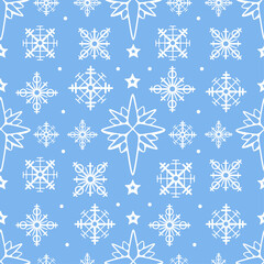 Vector pattern on the theme of winter and Christmas with snowflakes in a cute cartoon style.