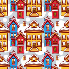 Vector pattern on the theme of winter and Christmas with snow-covered houses in a cute cartoon style.