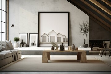 house frame on work table in living area on blank wall backdrop. Generative AI