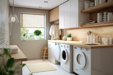 modern laundry room with washing machine. Generative AI - obrazy, fototapety, plakaty