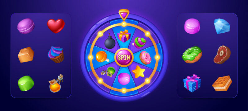 Spin fortune wheel game user interface. Lucky casino roulette decorated with lights and arrow, with collection of prize icons. Cartoon vector illustration of gui design element for rotational gambling