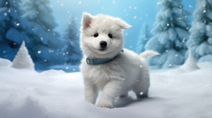 Fluffy White Puppy Enjoys a Snowy Winter Landscape
