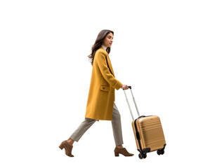 Figure of a young woman walking with a suitcase on a white transparent background. PNG file. Generative artificial intelligence