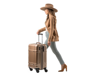 Figure of a young woman walking with a suitcase on a white transparent background. PNG file. Generative artificial intelligence