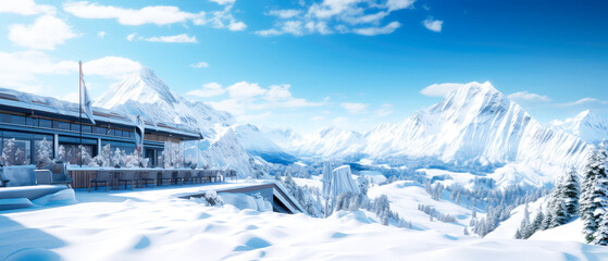 Winter Mountain resort background. Scenery hotels of Alps on snowy winter landscape. Vacation, travelling concept. Copy space. Alpine panoramic view. Generative ai - obrazy, fototapety, plakaty
