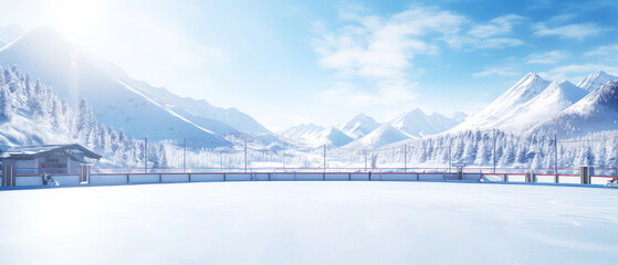 Ice Rink Background on luxury mountain resort. Ice skating. Scenery hotels of Alps on snowy winter landscape. Vacation, travelling concept. Copy space. Stadium. Panoramic view. Generative ai - obrazy, fototapety, plakaty