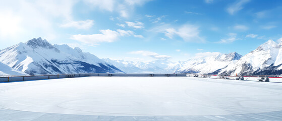 Ice Rink Background on luxury mountain resort. Ice skating. Scenery hotels of Alps on snowy winter landscape. Vacation, travelling concept. Copy space. Stadium. Panoramic view. Generative ai