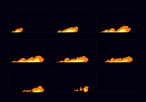 Set of fire flames. Flames sprites frame loop animation for cartoon, video game, motion graphic. Vector editable illustration art.