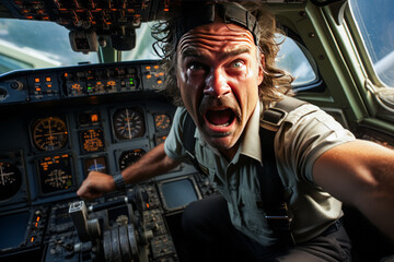 Tense airline pilot slamming flight manual due to cockpit glitch.