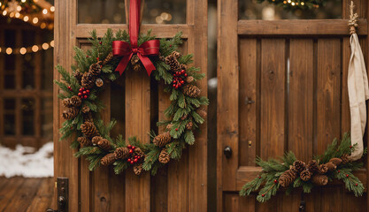 Fototapeta na wymiar Rustic Wreath: Homely Christmas Elegance