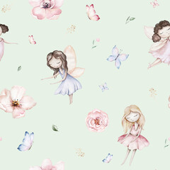 Fairy and Flowers watercolor seamless girls nursery pattern. Cartoon pink magic girl baby background. Faitytale textile art