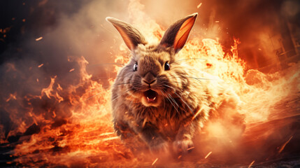 Furious rabbit in the fire of destruction