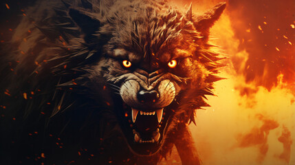 Furious wolf in the fire of destruction