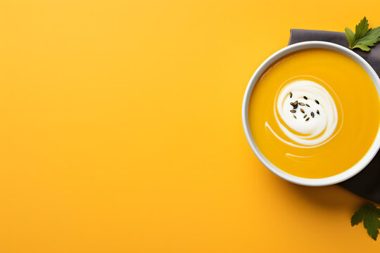 Warm pumpkin soup on a yellow background, seasonal food