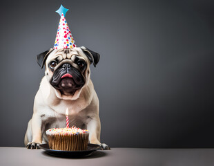 pug dog and black cat with birthday cap on head and cake with candles in front isolated on background,celebrating.funny domestic pets ,happy face,animal with tongue out.generative ai - obrazy, fototapety, plakaty