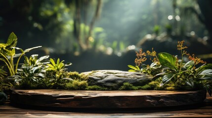 Serene Wooden Table Amidst Lush Tropical Greenery