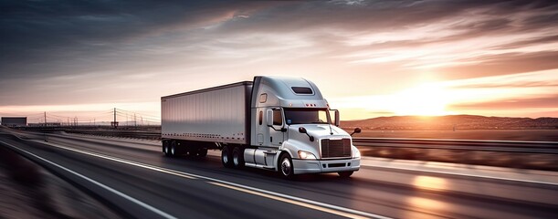 Truck on highway at sunset. Sun dips below horizon casting warm orange glow across open powerful semi-truck loaded with cargo races towards distant - obrazy, fototapety, plakaty