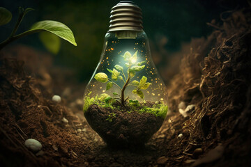 Embrace sustainability with this creative concept featuring a green plant thriving inside a light bulb on fertile soil. Ai generated - obrazy, fototapety, plakaty