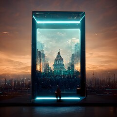 a chairman in a mirrored box Surreal city in back octane render 8k 