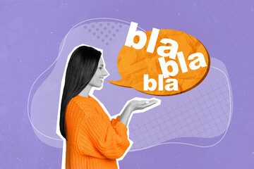 Photo collage artwork minimal picture of lady holding arms blablabla mind cloud isolated violet...