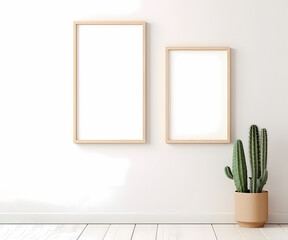 frame on wall with free space for text surrounded by monsters of cactus plants in pots,over bed in bedroom generative ai