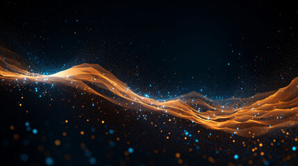 Digital gold particles wave and light abstract background with shining dots stars.