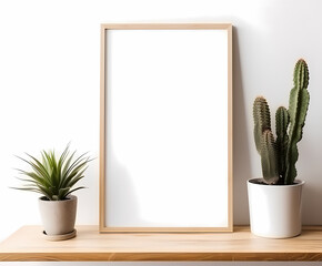 frame on wall with free space for text surrounded by monsters of cactus plants in pots,over bed in bedroom generative ai