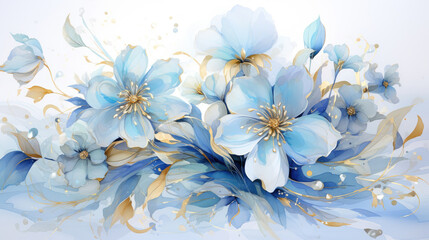 Fototapeta na wymiar a painting of blue flowers on a white background. Watercolor Painting of a Mint color flower, Perfect for Wall Art.