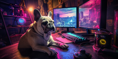 Take Your Dog to Work Day Dog as video game live stream gamer use PC computer for entertainment. Neural network generated art