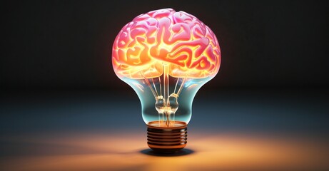 multicolored brain segmented in different subjects, illuminated from within by a radiant light bulb