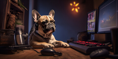 A cute dog looking at a laptop Dog bulldog works at a laptop. AI Generative
