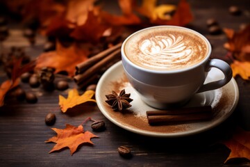 An inviting cup of creamy chai tea latte, sprinkled with cinnamon, served on a rustic wooden table with a backdrop of autumn leaves