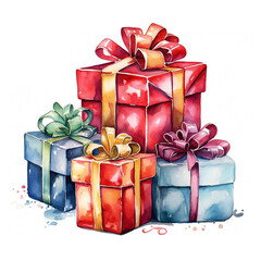 gift boxes with ribbon watercolor illustration art  - Christmas gift box 