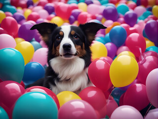 border collie puppy with colourful balloons